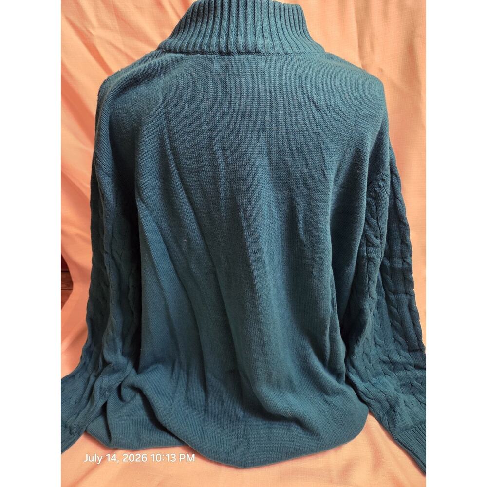 Woman Within Women's 3X Teal Cable Knit Mock Neck 1/4 Zip Cotton Sweater - Picture 2 of 4